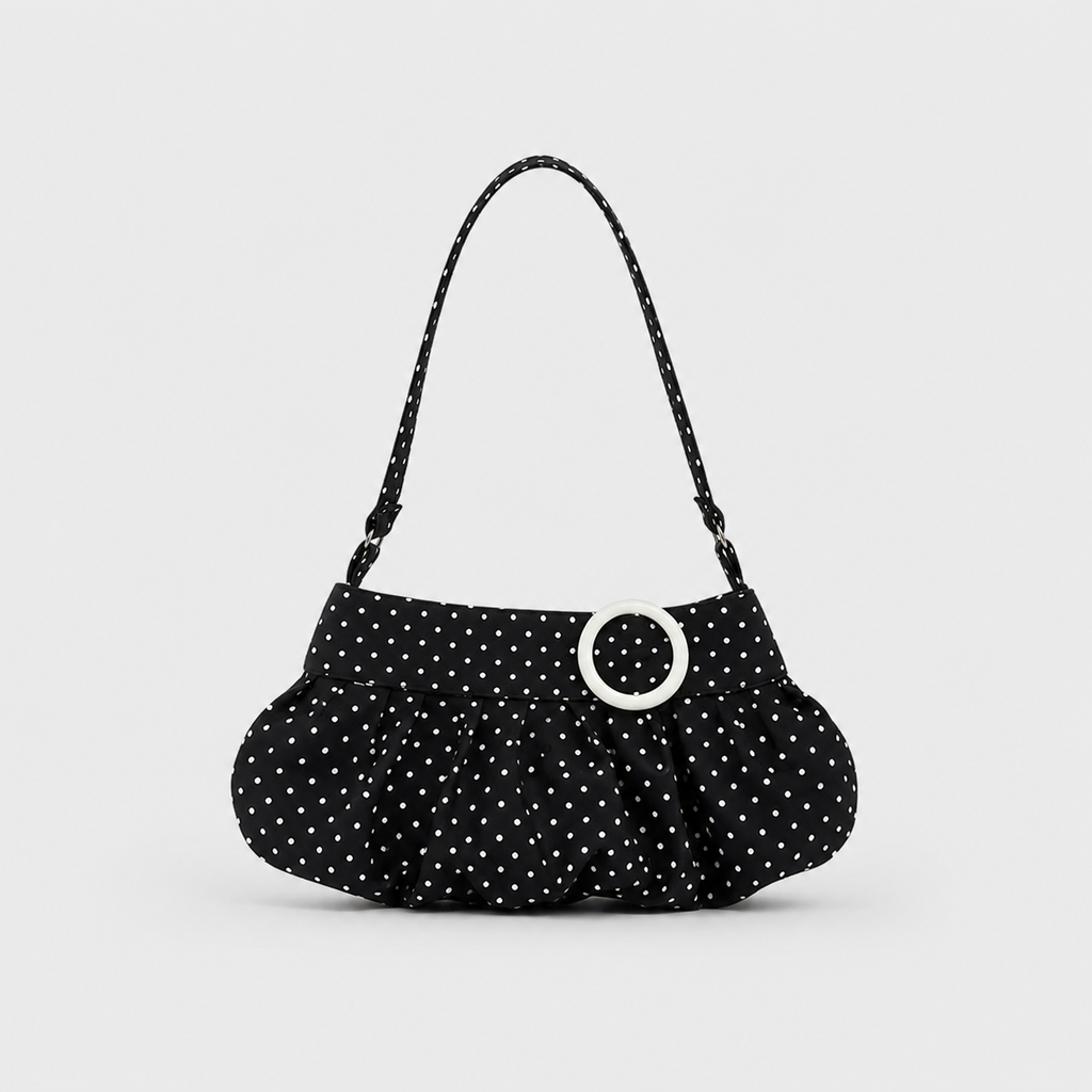 Black Polka Dot Shoulder Bag with White Ring Buckle