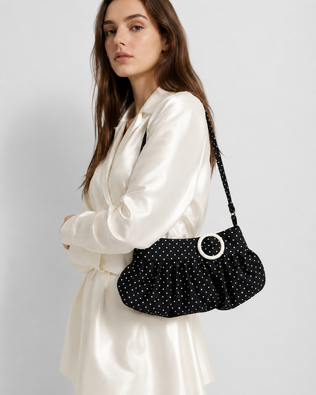 Black Polka Dot Shoulder Bag with White Ring Buckle
