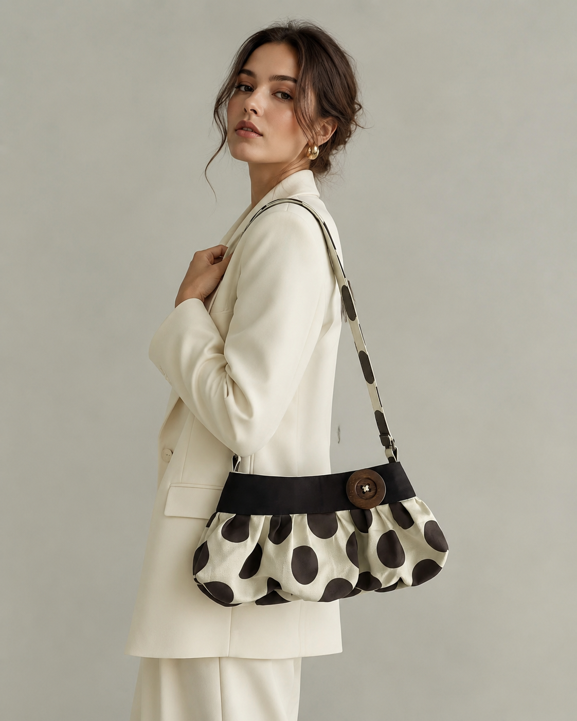Cream and Brown Polka Dot Shoulder Bag with Button Secondary image